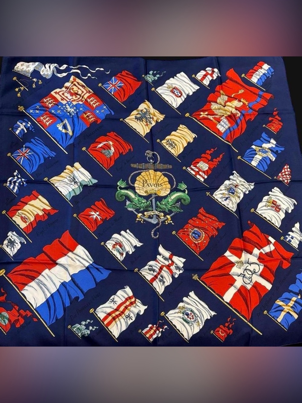 Hermès “Pavois” silk scarf designed by Philippe Ledoux in 1964.